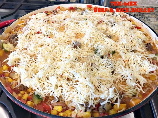 Tex-Mex Beef and Rice Skillet | Can't Stay Out of the Kitchen | this fantastic #TexMex meal takes only 30 minutes to prepare! It's loaded with toppings that add incredible flavor. Filled with healthy veggies, #beans & #rice. #glutenfree
