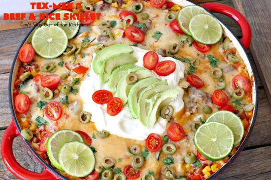 Tex-Mex Beef and Rice Skillet | Can't Stay Out of the Kitchen | this fantastic #TexMex meal takes only 30 minutes to prepare! It's loaded with toppings that add incredible flavor. Filled with healthy veggies, #beans & #rice. #glutenfree