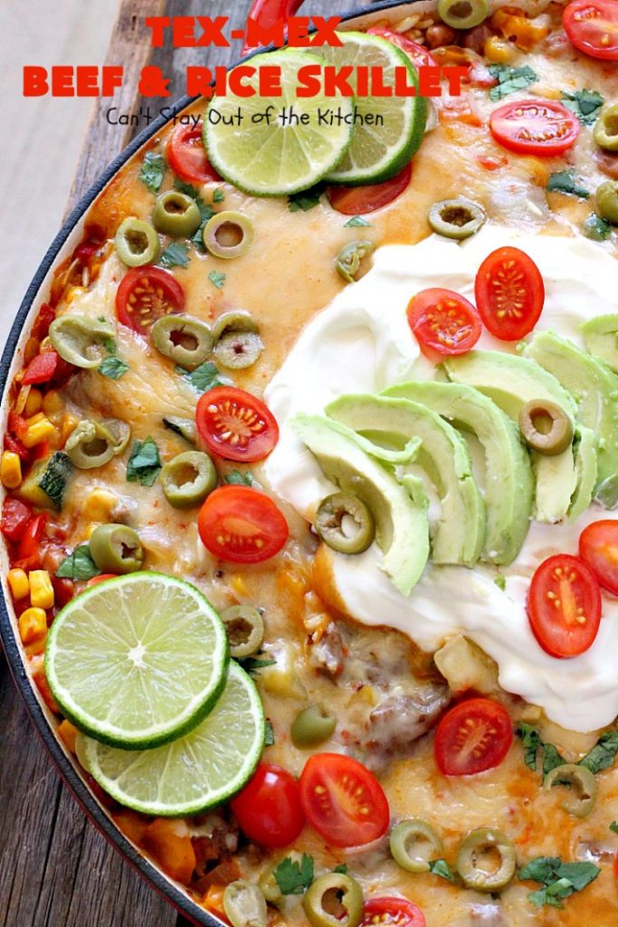Tex-Mex Beef and Rice Skillet | Can't Stay Out of the Kitchen | this fantastic #TexMex meal takes only 30 minutes to prepare! It's loaded with toppings that add incredible flavor. Filled with healthy veggies, #beans & #rice. #glutenfree