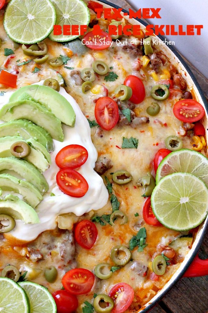 Tex-Mex Beef and Rice Skillet | Can't Stay Out of the Kitchen | this fantastic #TexMex meal takes only 30 minutes to prepare! It's loaded with toppings that add incredible flavor. Filled with healthy veggies, #beans & #rice. #glutenfree