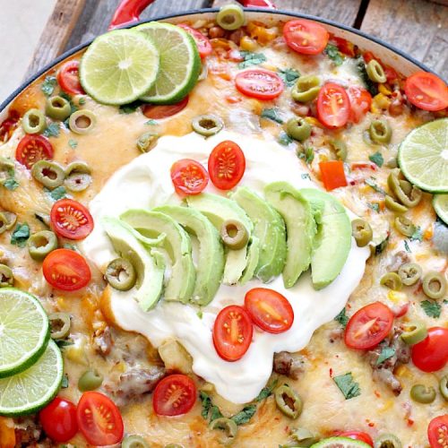 Tex-Mex Beef and Rice Skillet | Can't Stay Out of the Kitchen | this fantastic #TexMex meal takes only 30 minutes to prepare! It's loaded with toppings that add incredible flavor. Filled with healthy veggies, #beans & #rice. #glutenfree