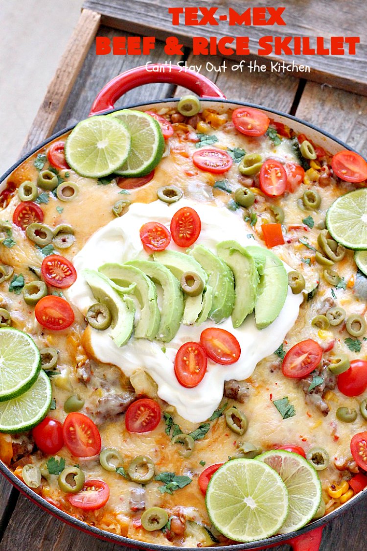 Tex-Mex Beef and Rice Skillet | Can't Stay Out of the Kitchen | this fantastic #TexMex meal takes only 30 minutes to prepare! It's loaded with toppings that add incredible flavor. Filled with healthy veggies, #beans & #rice. #glutenfree