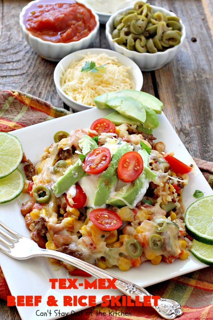 Tex-Mex Beef and Rice Skillet | Can't Stay Out of the Kitchen | this fantastic #TexMex meal takes only 30 minutes to prepare! It's loaded with toppings that add incredible flavor. Filled with healthy veggies, #beans & #rice. #glutenfree