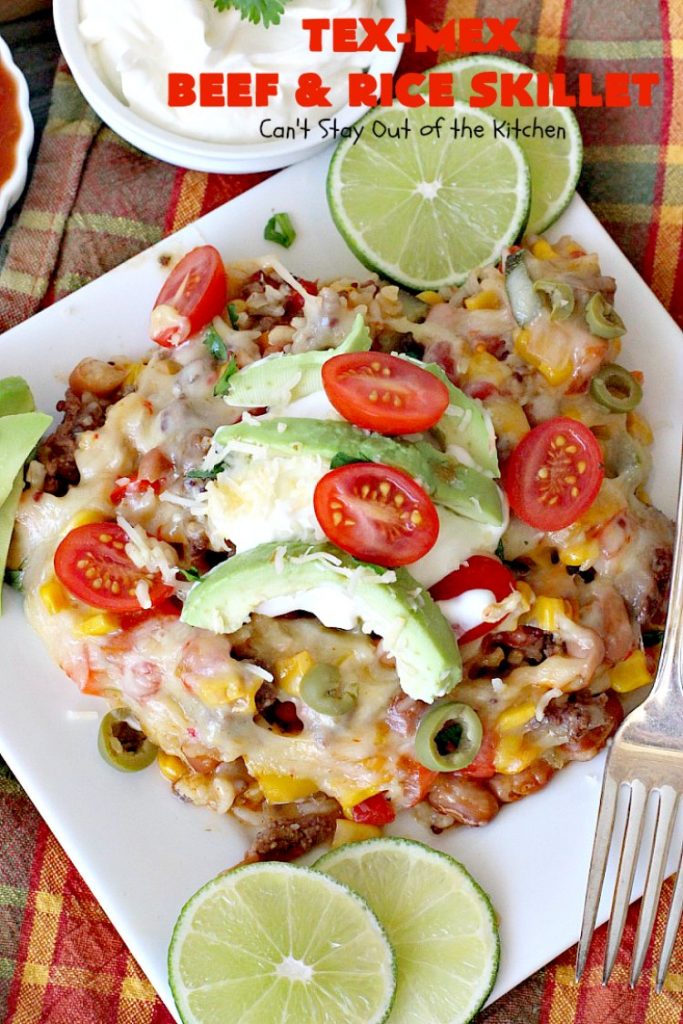 Tex-Mex Beef and Rice Skillet | Can't Stay Out of the Kitchen | this fantastic #TexMex meal takes only 30 minutes to prepare! It's loaded with toppings that add incredible flavor. Filled with healthy veggies, #beans & #rice. #glutenfree