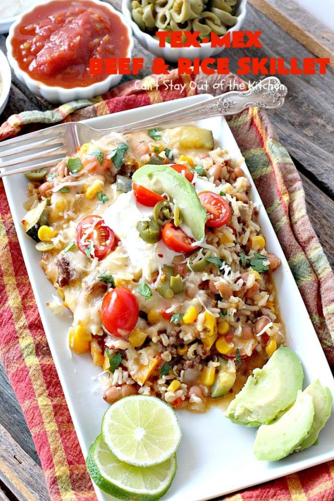 Tex-Mex Beef and Rice Skillet | Can't Stay Out of the Kitchen | this fantastic #TexMex meal takes only 30 minutes to prepare! It's loaded with toppings that add incredible flavor. Filled with healthy veggies, #beans & #rice. #glutenfree