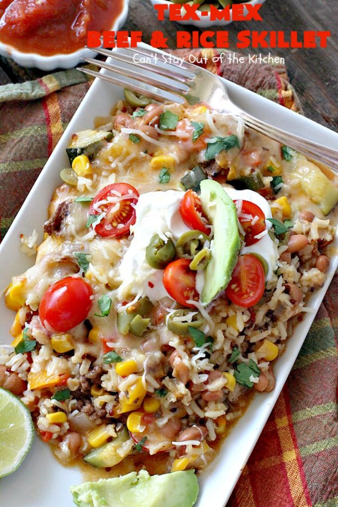 Tex-Mex Beef and Rice Skillet | Can't Stay Out of the Kitchen | this fantastic #TexMex meal takes only 30 minutes to prepare! It's loaded with toppings that add incredible flavor. Filled with healthy veggies, #beans & #rice. #glutenfree