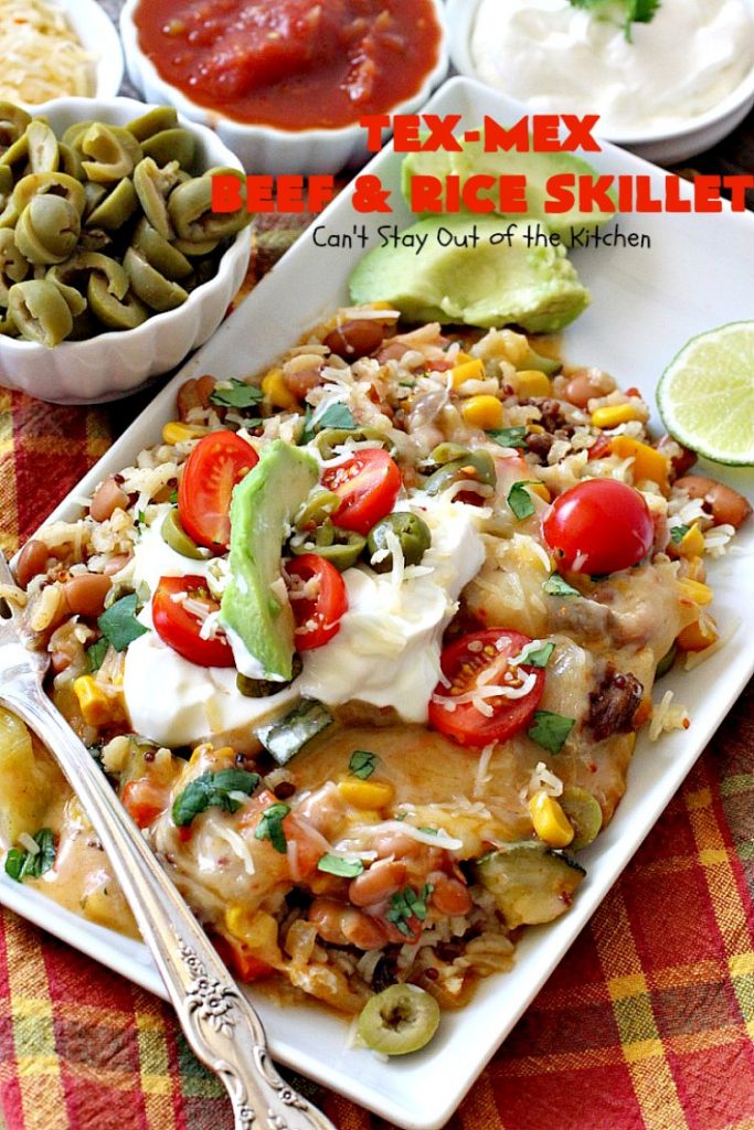 Tex-Mex Beef and Rice Skillet | Can't Stay Out of the Kitchen | this fantastic #TexMex meal takes only 30 minutes to prepare! It's loaded with toppings that add incredible flavor. Filled with healthy veggies, #beans & #rice. #glutenfree