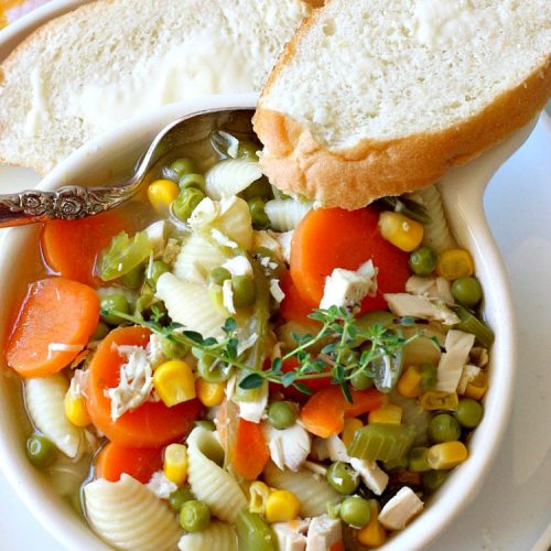 Texas Chicken Soup | Can't Stay Out of the Kitchen | this is a fabulous take off on #ChickenSoup with a little bit of #Texas #HotSauce thrown in to spice it up. Terrific comfort food meal for the fall. #chicken #soup #carrots #corn #noodles #peas #pasta #GreenBeans #TexasChickenSoup