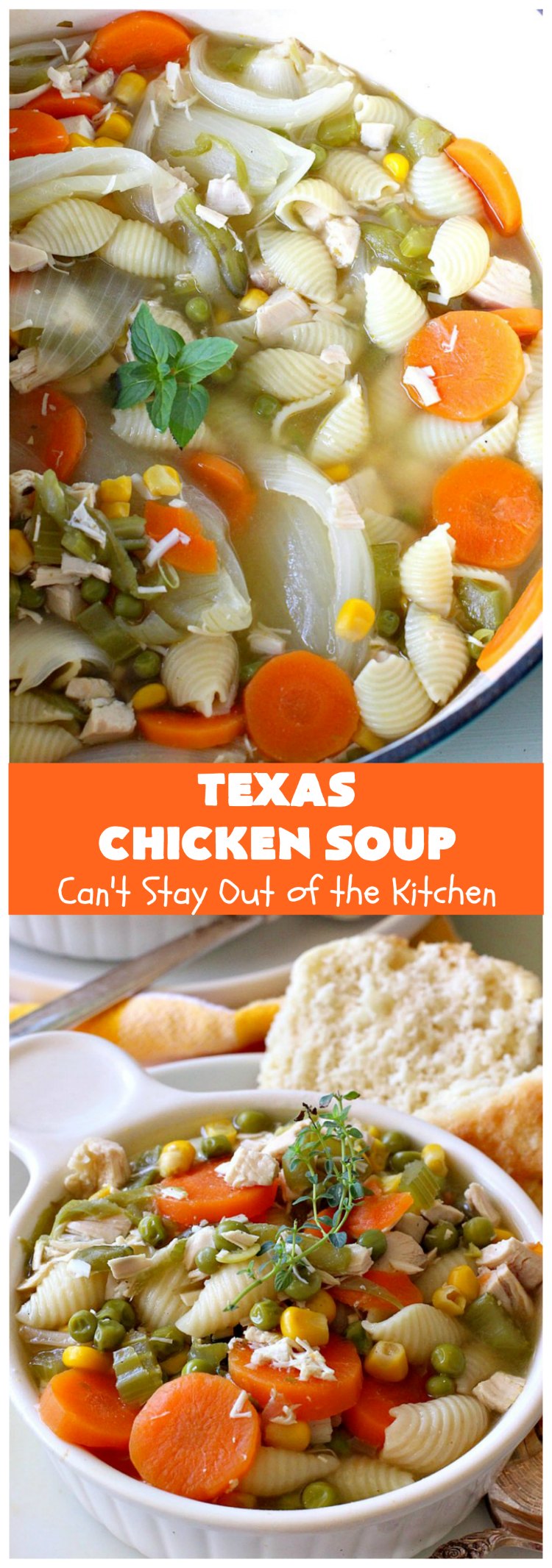 Texas Chicken Soup | Can't Stay Out of the Kitchen | this is a fabulous take off on #ChickenSoup with a little bit of #Texas #HotSauce thrown in to spice it up. Terrific comfort food meal for the fall. #chicken #soup #carrots #corn #noodles  #peas #pasta #GreenBeans #TexasChickenSoup