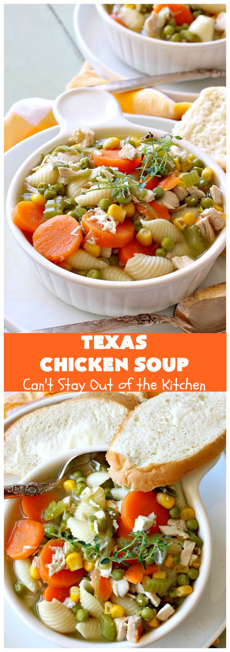 Texas Chicken Soup | Can't Stay Out of the Kitchen | this is a fabulous take off on #ChickenSoup with a little bit of #Texas #HotSauce thrown in to spice it up. Terrific comfort food meal for the fall. #chicken #soup #carrots #corn #noodles #peas #pasta #GreenBeans #TexasChickenSoup