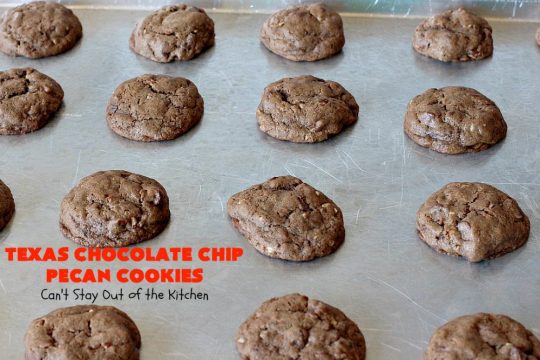 Texas Chocolate Chip Pecan Cookies | Can't Stay Out of the Kitchen | these fantastic #chocolate #cookies are dynamite! They're filled with #ChocolateChips & #pecans. They're soft but crunchy & melt-in-your-mouth good. Great for #holiday #baking & #ChristmasCookieExchanges. #dessert #tailgating #ChocolateDessert #HolidayDessert #HolidayBaking #TexasChocolateChipPecanCookies
