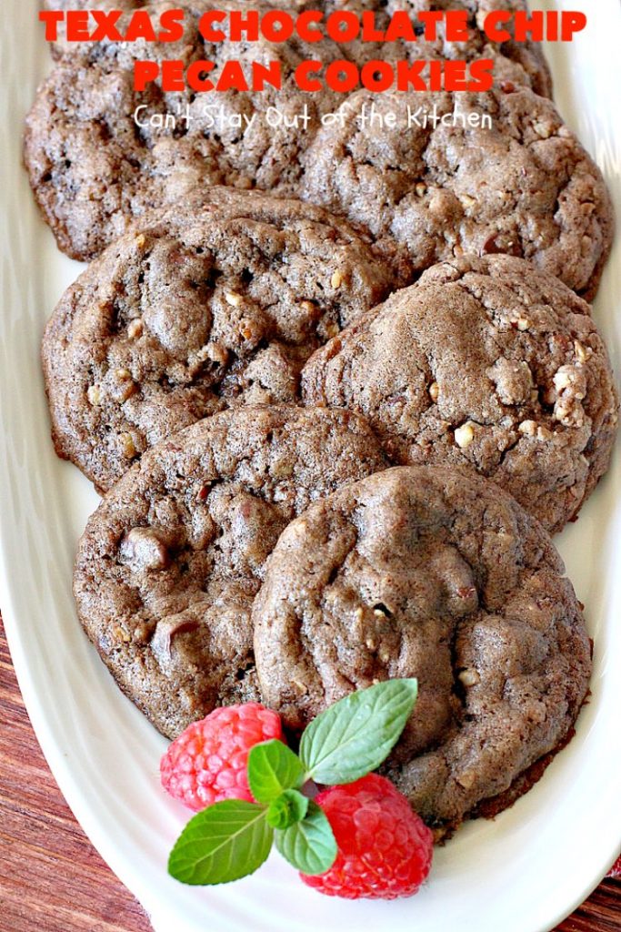 Texas Chocolate Chip Pecan Cookies | Can't Stay Out of the Kitchen | these fantastic #chocolate #cookies are dynamite! They're filled with #ChocolateChips & #pecans. They're soft but crunchy & melt-in-your-mouth good. Great for #holiday #baking & #ChristmasCookieExchanges. #dessert #tailgating #ChocolateDessert #HolidayDessert #HolidayBaking #TexasChocolateChipPecanCookies