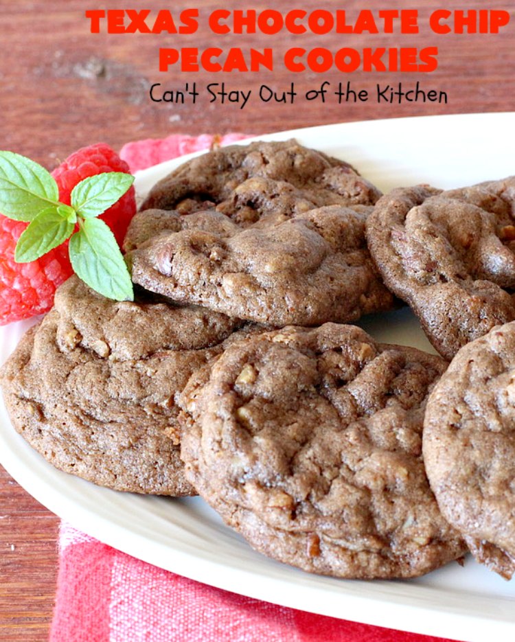 Texas Chocolate Chip Pecan Cookies | Can't Stay Out of the Kitchen | these fantastic #chocolate #cookies are dynamite! They're filled with #ChocolateChips & #pecans. They're soft but crunchy & melt-in-your-mouth good. Great for #holiday #baking & #ChristmasCookieExchanges. #dessert #tailgating #ChocolateDessert #HolidayDessert #HolidayBaking #TexasChocolateChipPecanCookies