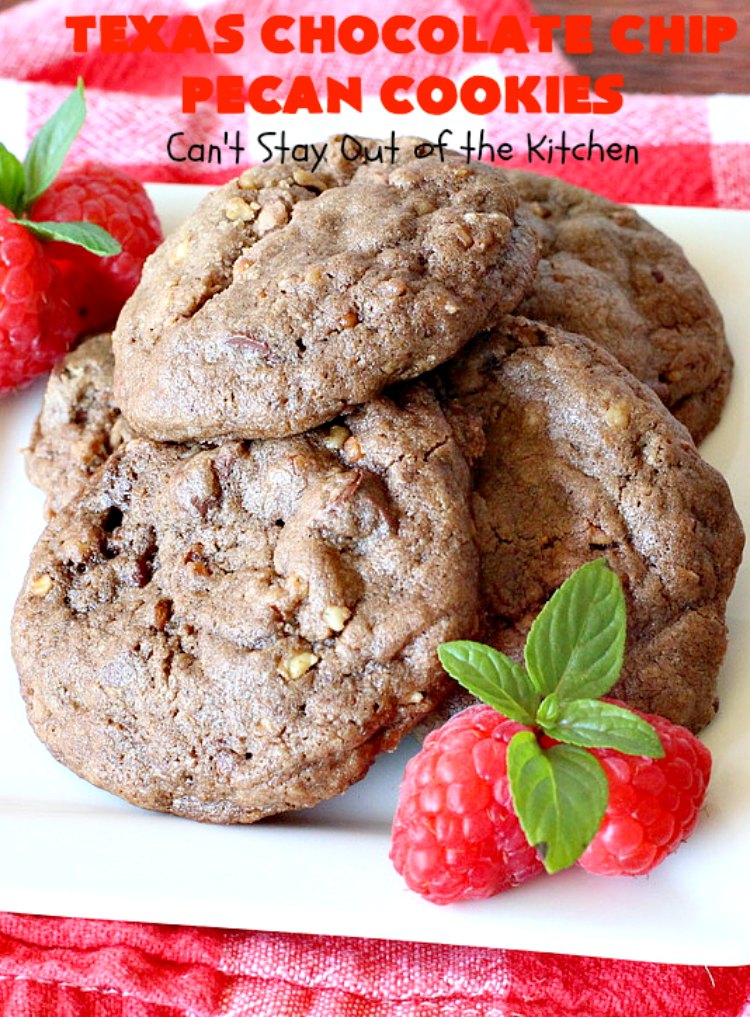Texas Chocolate Chip Pecan Cookies | Can't Stay Out of the Kitchen | these fantastic #chocolate #cookies are dynamite! They're filled with #ChocolateChips & #pecans. They're soft but crunchy & melt-in-your-mouth good. Great for #holiday #baking & #ChristmasCookieExchanges. #dessert #tailgating #ChocolateDessert #HolidayDessert #HolidayBaking #TexasChocolateChipPecanCookies