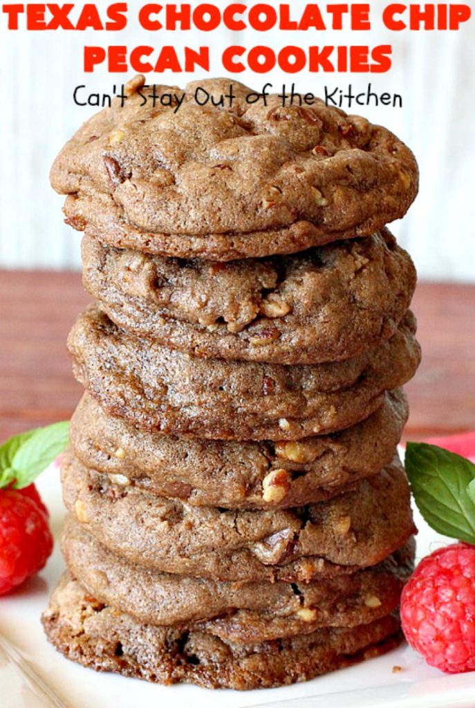 Texas Chocolate Chip Pecan Cookies | Can't Stay Out of the Kitchen | these fantastic #chocolate #cookies are dynamite! They're filled with #ChocolateChips & #pecans. They're soft but crunchy & melt-in-your-mouth good. Great for #holiday #baking & #ChristmasCookieExchanges. #dessert #tailgating #ChocolateDessert #HolidayDessert #HolidayBaking #TexasChocolateChipPecanCookies