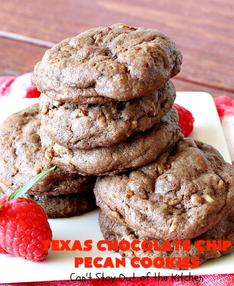Texas Chocolate Chip Pecan Cookies | Can't Stay Out of the Kitchen | these fantastic #chocolate #cookies are dynamite! They're filled with #ChocolateChips & #pecans. They're soft but crunchy & melt-in-your-mouth good. Great for #holiday #baking & #ChristmasCookieExchanges. #dessert #tailgating #ChocolateDessert #HolidayDessert #HolidayBaking #TexasChocolateChipPecanCookies