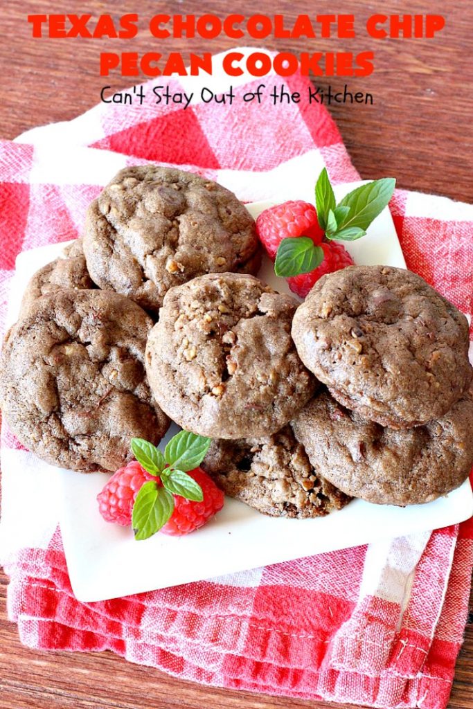 Texas Chocolate Chip Pecan Cookies | Can't Stay Out of the Kitchen | these fantastic #chocolate #cookies are dynamite! They're filled with #ChocolateChips & #pecans. They're soft but crunchy & melt-in-your-mouth good. Great for #holiday #baking & #ChristmasCookieExchanges. #dessert #tailgating #ChocolateDessert #HolidayDessert #HolidayBaking #TexasChocolateChipPecanCookies
