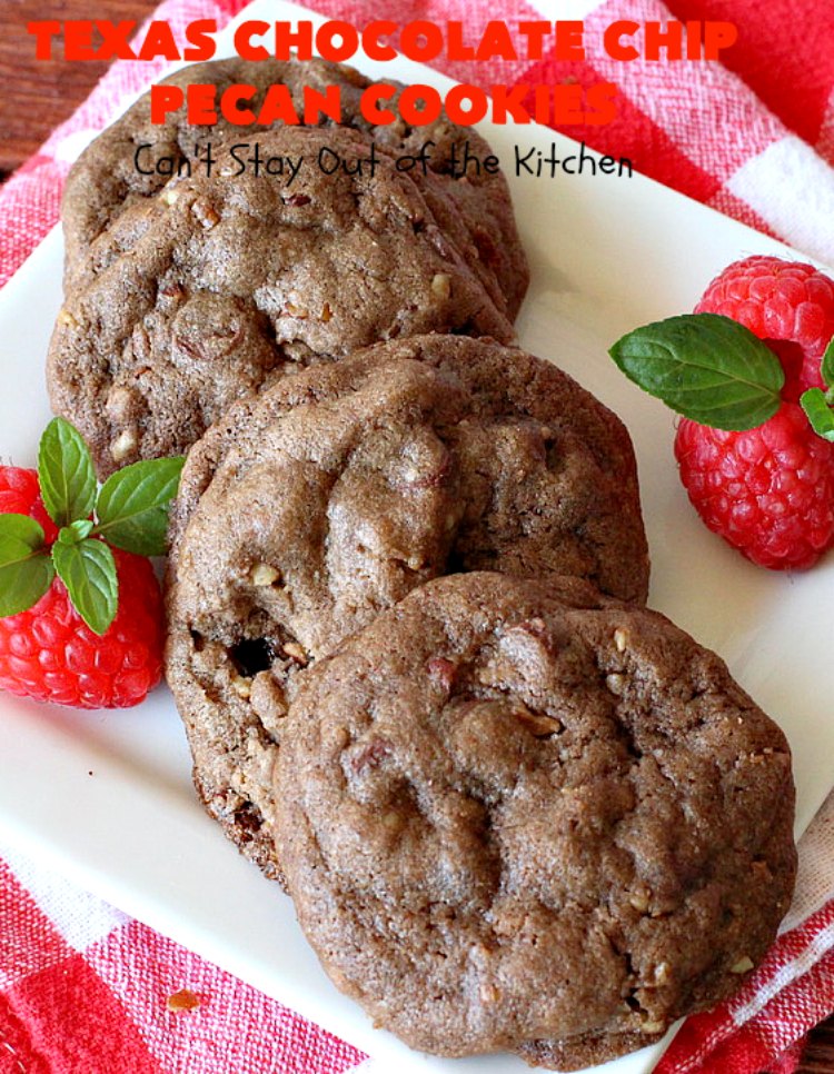 Texas Chocolate Chip Pecan Cookies | Can't Stay Out of the Kitchen | these fantastic #chocolate #cookies are dynamite! They're filled with #ChocolateChips & #pecans. They're soft but crunchy & melt-in-your-mouth good. Great for #holiday #baking & #ChristmasCookieExchanges. #dessert #tailgating #ChocolateDessert #HolidayDessert #HolidayBaking #TexasChocolateChipPecanCookies