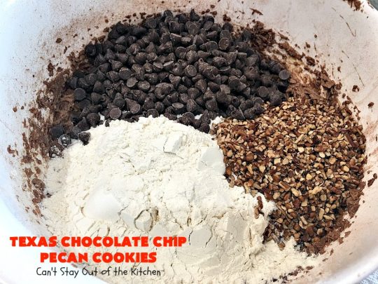 Texas Chocolate Chip Pecan Cookies | Can't Stay Out of the Kitchen | these fantastic #chocolate #cookies are dynamite! They're filled with #ChocolateChips & #pecans. They're soft but crunchy & melt-in-your-mouth good. Great for #holiday #baking & #ChristmasCookieExchanges. #dessert #tailgating #ChocolateDessert #HolidayDessert #HolidayBaking #TexasChocolateChipPecanCookies