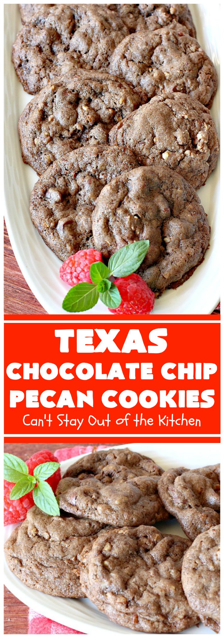 Texas Chocolate Chip Pecan Cookies | Can't Stay Out of the Kitchen | these fantastic #chocolate #cookies are dynamite! They're filled with #ChocolateChips & #pecans. They're soft but crunchy & melt-in-your-mouth good. Great for #holiday #baking & #ChristmasCookieExchanges. #dessert #tailgating #ChocolateDessert #HolidayDessert #HolidayBaking #TexasChocolateChipPecanCookies
