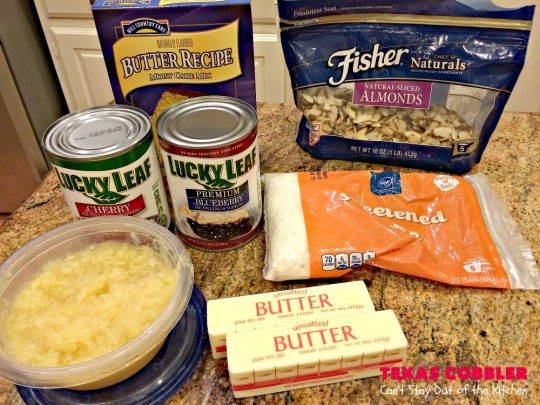 Texas Cobbler | Can't Stay Out of the Kitchen | amazing #dumpcake with #blueberry & #cherry pie fillings, #pineapple, coconut & #almonds. Favorite summer #dessert