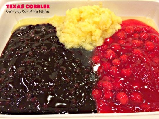 Texas Cobbler | Can't Stay Out of the Kitchen | amazing #dumpcake with #blueberry & #cherry pie fillings, #pineapple, coconut & #almonds. Favorite summer #dessert