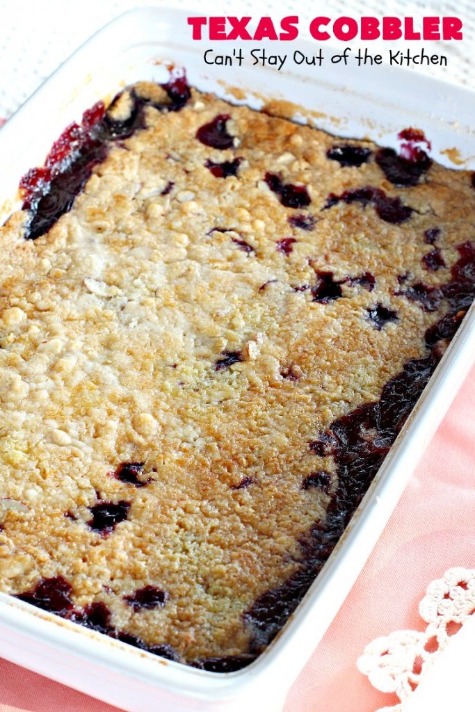 Texas Cobbler | Can't Stay Out of the Kitchen | amazing #dumpcake with #blueberry & #cherry pie fillings, #pineapple, coconut & #almonds. Favorite summer #dessert