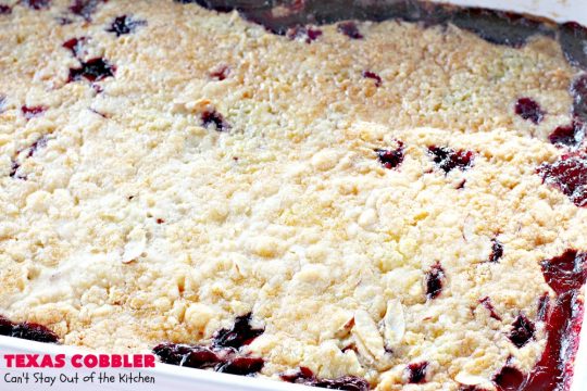 Texas Cobbler | Can't Stay Out of the Kitchen | amazing #dumpcake with #blueberry & #cherry pie fillings, #pineapple, coconut & #almonds. Favorite summer #dessert