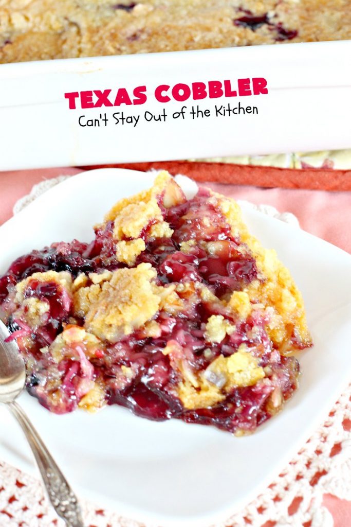 Texas Cobbler | Can't Stay Out of the Kitchen | amazing #dumpcake with #blueberry & #cherry pie fillings, #pineapple, coconut & #almonds. Favorite summer #dessert