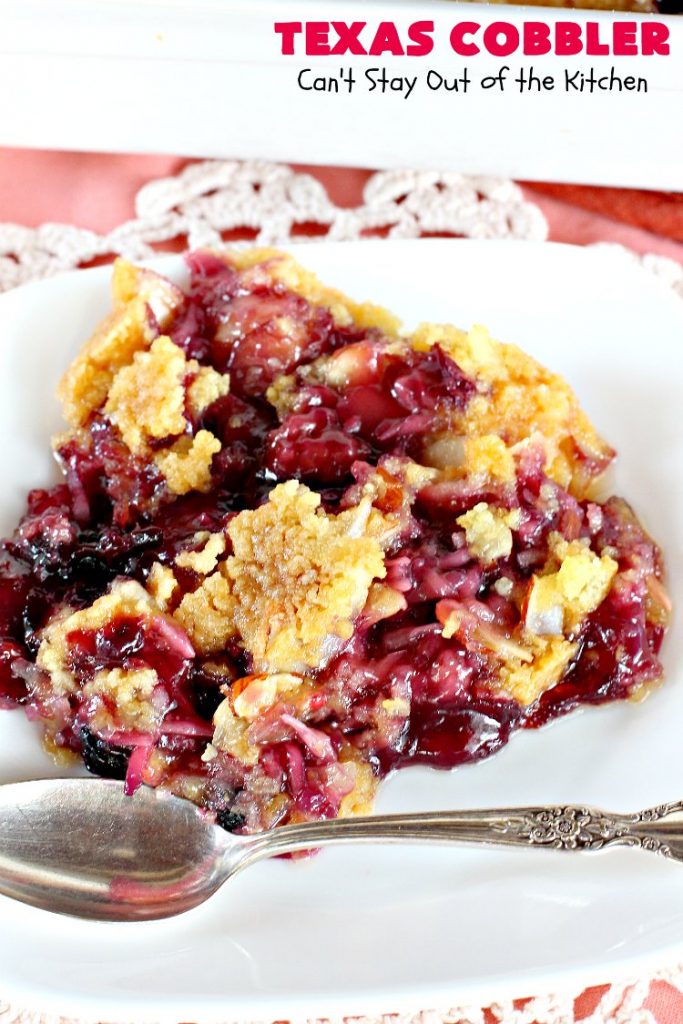 Texas Cobbler | Can't Stay Out of the Kitchen | amazing #dumpcake with #blueberry & #cherry pie fillings, #pineapple, coconut & #almonds. Favorite summer #dessert