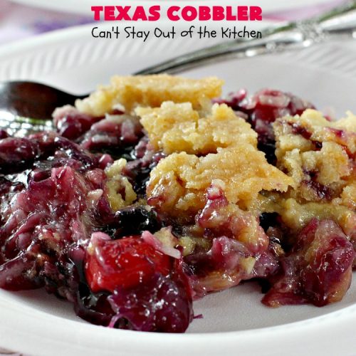 Texas Cobbler | Can't Stay Out of the Kitchen | amazing #dumpcake with #blueberry & #cherry pie fillings, #pineapple, coconut & #almonds. Favorite summer #dessert