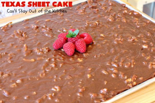 Texas Sheet Cake | Can't Stay Out of the Kitchen | this #ChocolateFudgeCake is divine! It's so chocolaty, so fudgy that you won't want to stop eating it! Perfect #dessert for #tailgating parties, potlucks or #holidays like #Easter or #MothersDay since it makes 48 servings! #cake #chocolate #fudge #walnuts #TexasSheetCake #SheetCake #ChocolateFudgeSheetCake