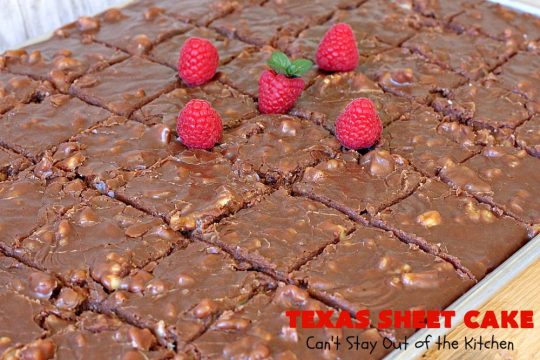Texas Sheet Cake | Can't Stay Out of the Kitchen | this #ChocolateFudgeCake is divine! It's so chocolaty, so fudgy that you won't want to stop eating it! Perfect #dessert for #tailgating parties, potlucks or #holidays like #Easter or #MothersDay since it makes 48 servings! #cake #chocolate #fudge #walnuts #TexasSheetCake #SheetCake #ChocolateFudgeSheetCake
