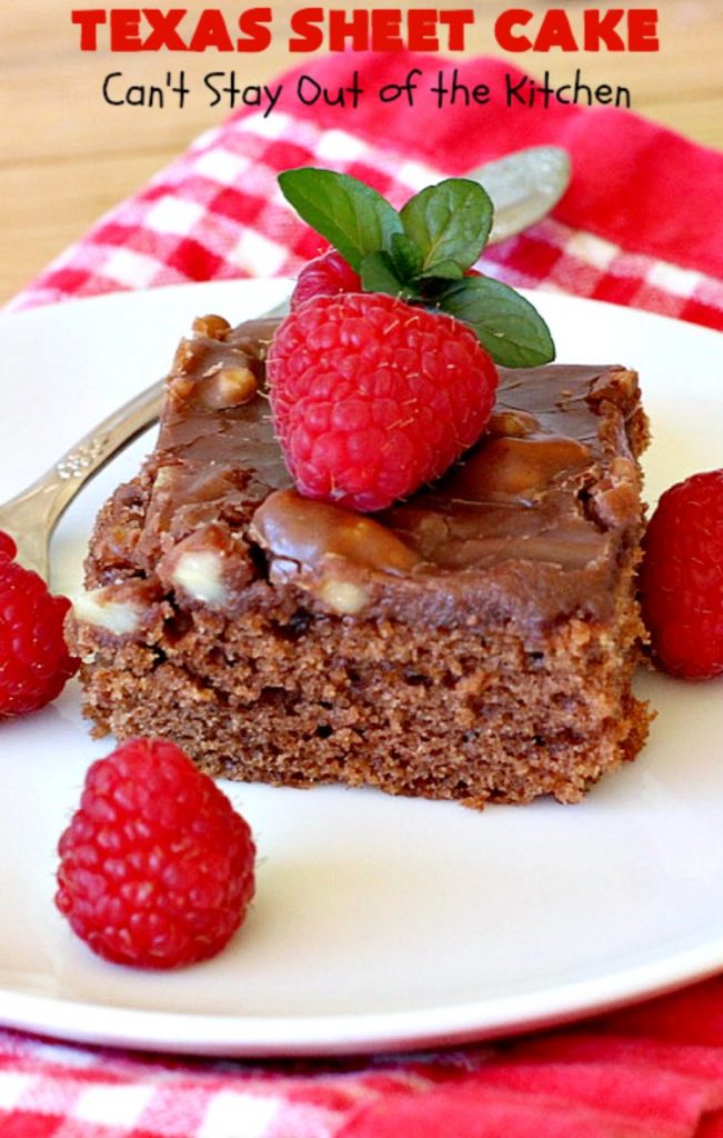 Texas Sheet Cake | Can't Stay Out of the Kitchen | this #ChocolateFudgeCake is divine! It's so chocolaty, so fudgy that you won't want to stop eating it! Perfect #dessert for #tailgating parties, potlucks or #holidays like #Easter or #MothersDay since it makes 48 servings! #cake #chocolate #fudge #walnuts #TexasSheetCake #SheetCake #ChocolateFudgeSheetCake