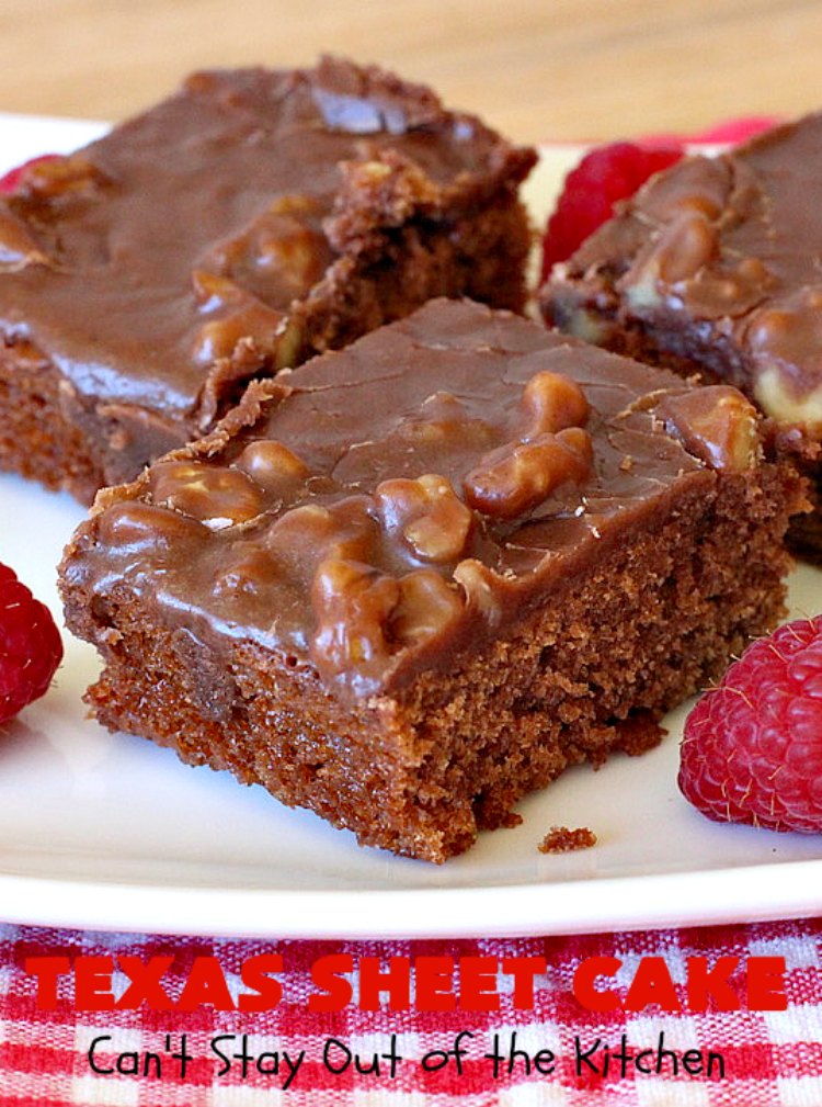 Texas Sheet Cake | Can't Stay Out of the Kitchen | this #ChocolateFudgeCake is divine! It's so chocolaty, so fudgy that you won't want to stop eating it! Perfect #dessert for #tailgating parties, potlucks or #holidays like #Easter or #MothersDay since it makes 48 servings! #cake #chocolate #fudge #walnuts #TexasSheetCake #SheetCake #ChocolateFudgeSheetCake