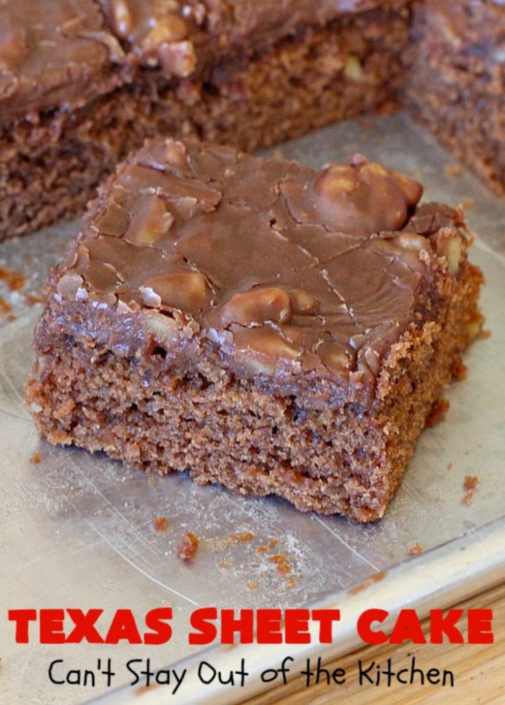 Texas Sheet Cake | Can't Stay Out of the Kitchen | this #ChocolateFudgeCake is divine! It's so chocolaty, so fudgy that you won't want to stop eating it! Perfect #dessert for #tailgating parties, potlucks or #holidays like #Easter or #MothersDay since it makes 48 servings! #cake #chocolate #fudge #walnuts #TexasSheetCake #SheetCake #ChocolateFudgeSheetCake