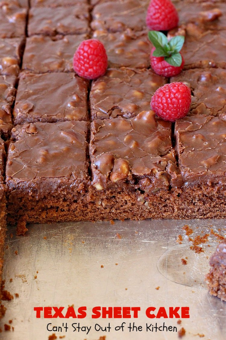 Texas Sheet Cake | Can't Stay Out of the Kitchen | this #ChocolateFudgeCake is divine! It's so chocolaty, so fudgy that you won't want to stop eating it! Perfect #dessert for #tailgating parties, potlucks or #holidays like #Easter or #MothersDay since it makes 48 servings! #cake #chocolate #fudge #walnuts #TexasSheetCake #SheetCake #ChocolateFudgeSheetCake