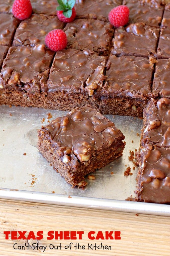 Texas Sheet Cake | Can't Stay Out of the Kitchen | this #ChocolateFudgeCake is divine! It's so chocolaty, so fudgy that you won't want to stop eating it! Perfect #dessert for #tailgating parties, potlucks or #holidays like #Easter or #MothersDay since it makes 48 servings! #cake #chocolate #fudge #walnuts #TexasSheetCake #SheetCake #ChocolateFudgeSheetCake