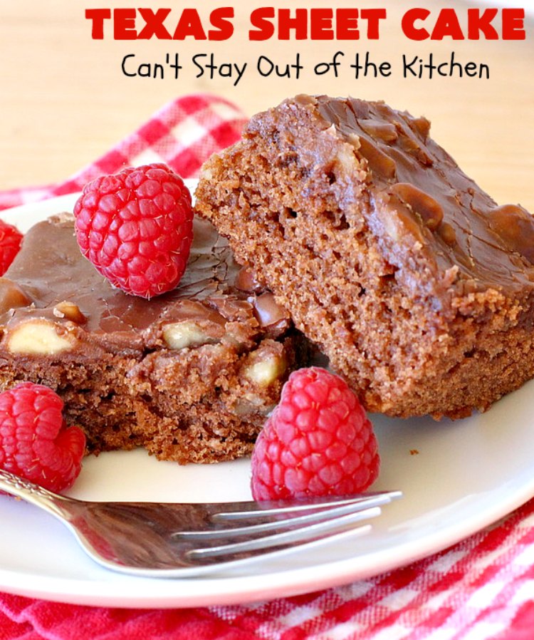 Texas Sheet Cake | Can't Stay Out of the Kitchen | this #ChocolateFudgeCake is divine! It's so chocolaty, so fudgy that you won't want to stop eating it! Perfect #dessert for #tailgating parties, potlucks or #holidays like #Easter or #MothersDay since it makes 48 servings! #cake #chocolate #fudge #walnuts #TexasSheetCake #SheetCake #ChocolateFudgeSheetCake