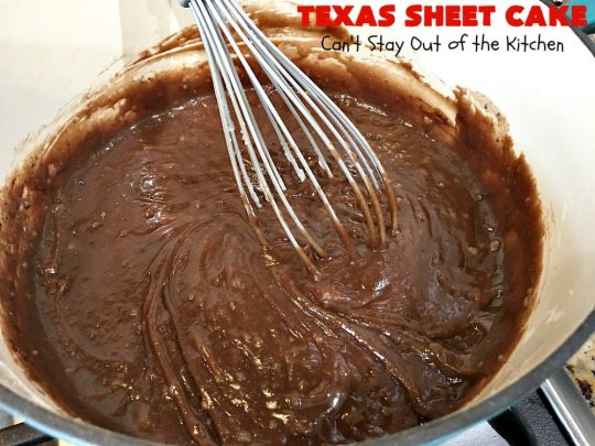 Texas Sheet Cake | Can't Stay Out of the Kitchen | this #ChocolateFudgeCake is divine! It's so chocolaty, so fudgy that you won't want to stop eating it! Perfect #dessert for #tailgating parties, potlucks or #holidays like #Easter or #MothersDay since it makes 48 servings! #cake #chocolate #fudge #walnuts #TexasSheetCake #SheetCake #ChocolateFudgeSheetCake