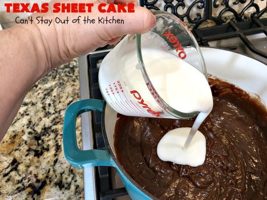 Texas Sheet Cake | Can't Stay Out of the Kitchen | this #ChocolateFudgeCake is divine! It's so chocolaty, so fudgy that you won't want to stop eating it! Perfect #dessert for #tailgating parties, potlucks or #holidays like #Easter or #MothersDay since it makes 48 servings! #cake #chocolate #fudge #walnuts #TexasSheetCake #SheetCake #ChocolateFudgeSheetCake