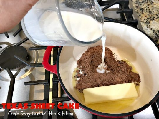Texas Sheet Cake | Can't Stay Out of the Kitchen | this #ChocolateFudgeCake is divine! It's so chocolaty, so fudgy that you won't want to stop eating it! Perfect #dessert for #tailgating parties, potlucks or #holidays like #Easter or #MothersDay since it makes 48 servings! #cake #chocolate #fudge #walnuts #TexasSheetCake #SheetCake #ChocolateFudgeSheetCake