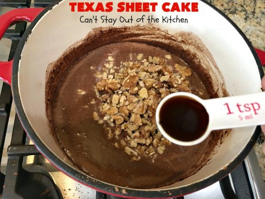 Texas Sheet Cake | Can't Stay Out of the Kitchen | this #ChocolateFudgeCake is divine! It's so chocolaty, so fudgy that you won't want to stop eating it! Perfect #dessert for #tailgating parties, potlucks or #holidays like #Easter or #MothersDay since it makes 48 servings! #cake #chocolate #fudge #walnuts #TexasSheetCake #SheetCake #ChocolateFudgeSheetCake
