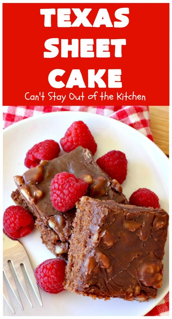 Texas Sheet Cake | Can't Stay Out of the Kitchen | this #ChocolateFudgeCake is divine! It's so chocolaty, so fudgy that you won't want to stop eating it! Perfect #dessert for #tailgating parties, potlucks or #holidays like #Easter or #MothersDay since it makes 48 servings! #cake #chocolate #fudge #walnuts #TexasSheetCake #SheetCake #ChocolateFudgeSheetCake