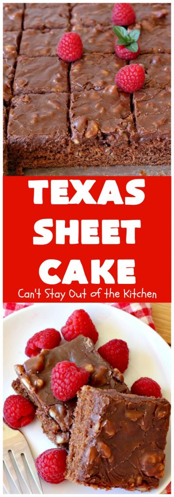 Texas Sheet Cake | Can't Stay Out of the Kitchen | this #ChocolateFudgeCake is divine! It's so chocolaty, so fudgy that you won't want to stop eating it! Perfect #dessert for #tailgating parties, potlucks or #holidays like #Easter or #MothersDay since it makes 48 servings! #cake #chocolate #fudge #walnuts #TexasSheetCake #SheetCake #ChocolateFudgeSheetCake