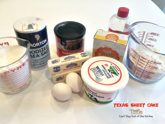 Texas Sheet Cake Trifle | Can't Stay Out of the Kitchen | This spectacular #dessert is divine! Uses #TexasSheetCake plus the #chocolate #pecan icing and a chocolate pudding layer in a trifle dish with #CoolWhip and #maraschinocherries. Amazing.