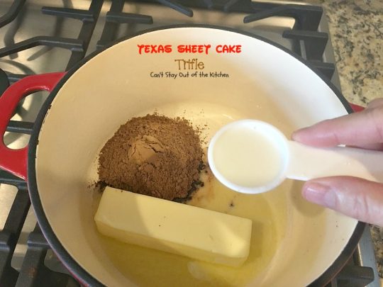 Texas Sheet Cake Trifle | Can't Stay Out of the Kitchen | This spectacular #dessert is divine! Uses #TexasSheetCake plus the #chocolate #pecan icing and a chocolate pudding layer in a trifle dish with #CoolWhip and #maraschinocherries. Amazing.