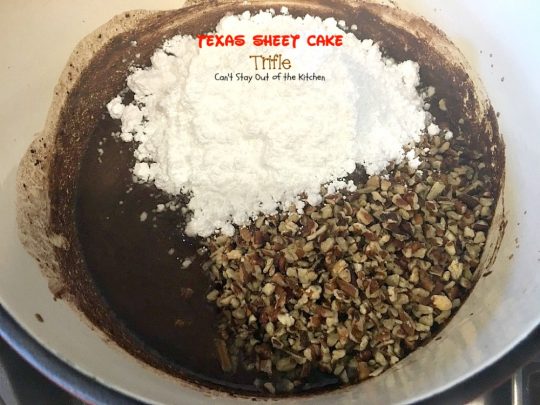 Texas Sheet Cake Trifle | Can't Stay Out of the Kitchen | This spectacular #dessert is divine! Uses #TexasSheetCake plus the #chocolate #pecan icing and a chocolate pudding layer in a trifle dish with #CoolWhip and #maraschinocherries. Amazing.