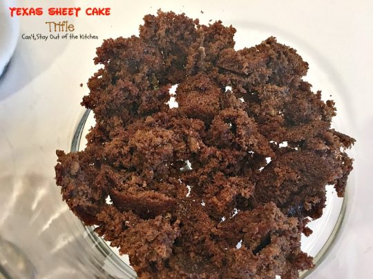 Texas Sheet Cake Trifle | Can't Stay Out of the Kitchen | This spectacular #dessert is divine! Uses #TexasSheetCake plus the #chocolate #pecan icing and a chocolate pudding layer in a trifle dish with #CoolWhip and #maraschinocherries. Amazing.