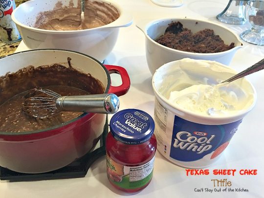 Texas Sheet Cake Trifle | Can't Stay Out of the Kitchen | This spectacular #dessert is divine! Uses #TexasSheetCake plus the #chocolate #pecan icing and a chocolate pudding layer in a trifle dish with #CoolWhip and #maraschinocherries. Amazing.
